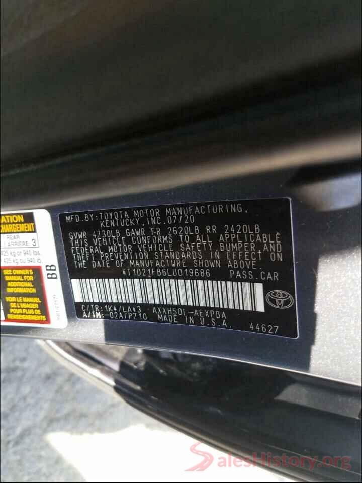 4T1D21FB6LU019686 2020 TOYOTA AVALON