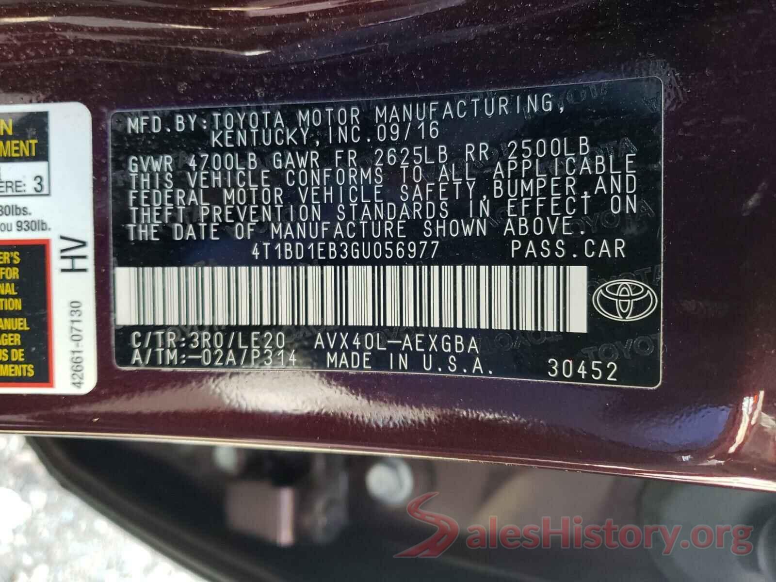 4T1BD1EB3GU056977 2016 TOYOTA AVALON