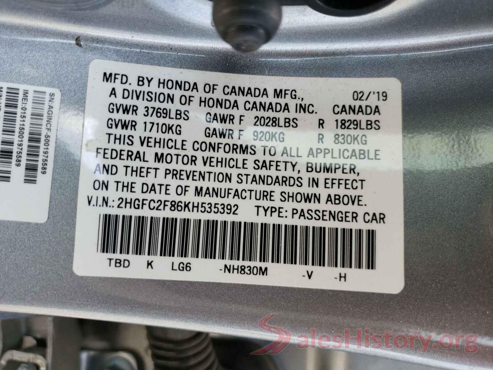 2HGFC2F86KH535392 2019 HONDA CIVIC