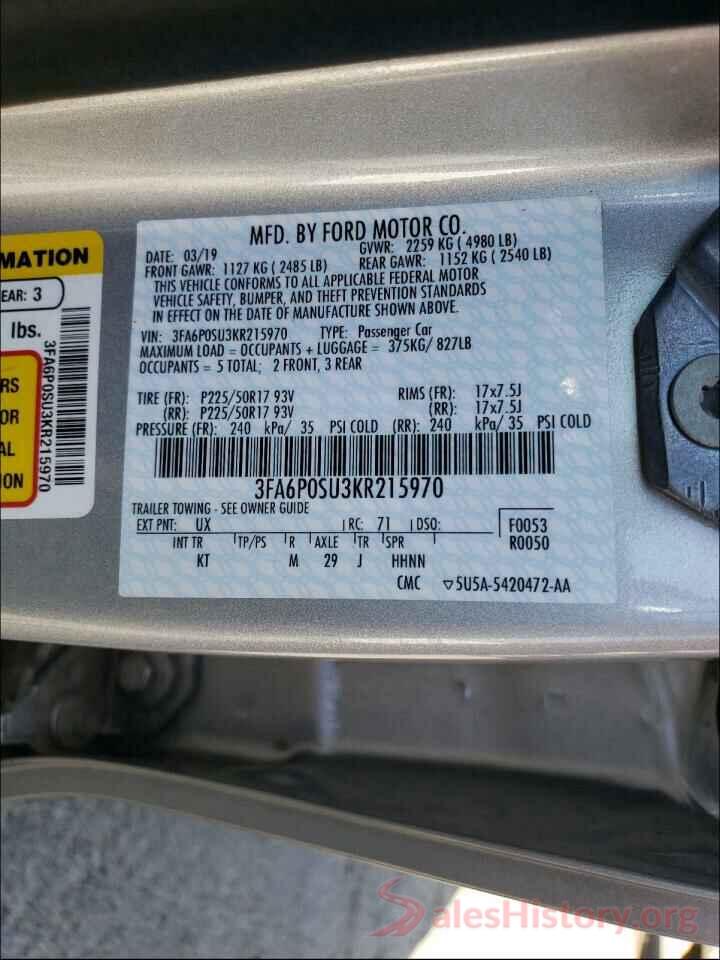 3FA6P0SU3KR215970 2019 FORD FUSION