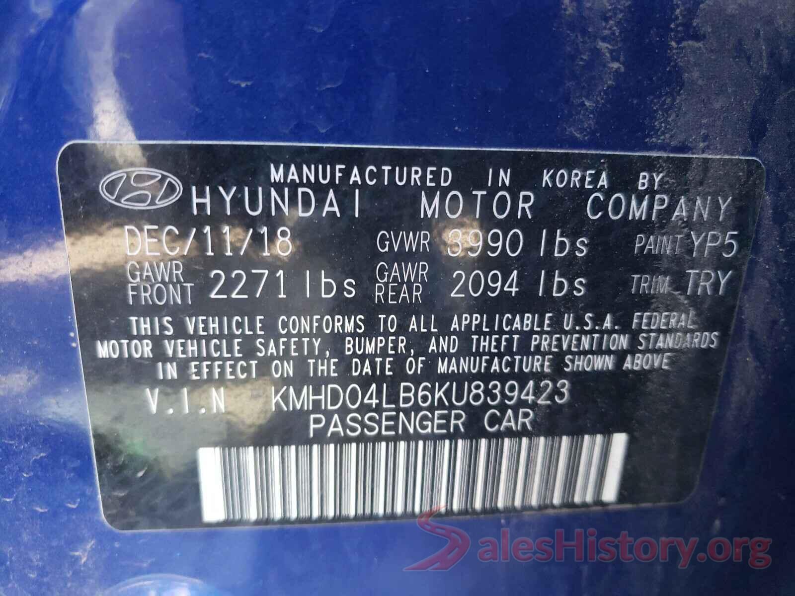 KMHD04LB6KU839423 2019 HYUNDAI ELANTRA