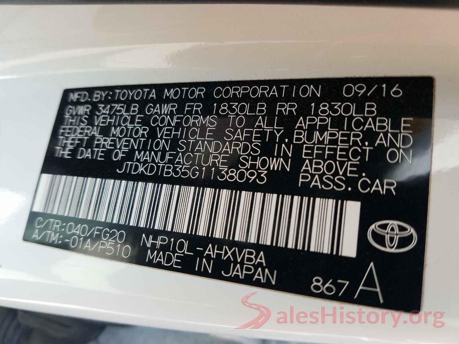 JTDKDTB35G1138093 2016 TOYOTA PRIUS