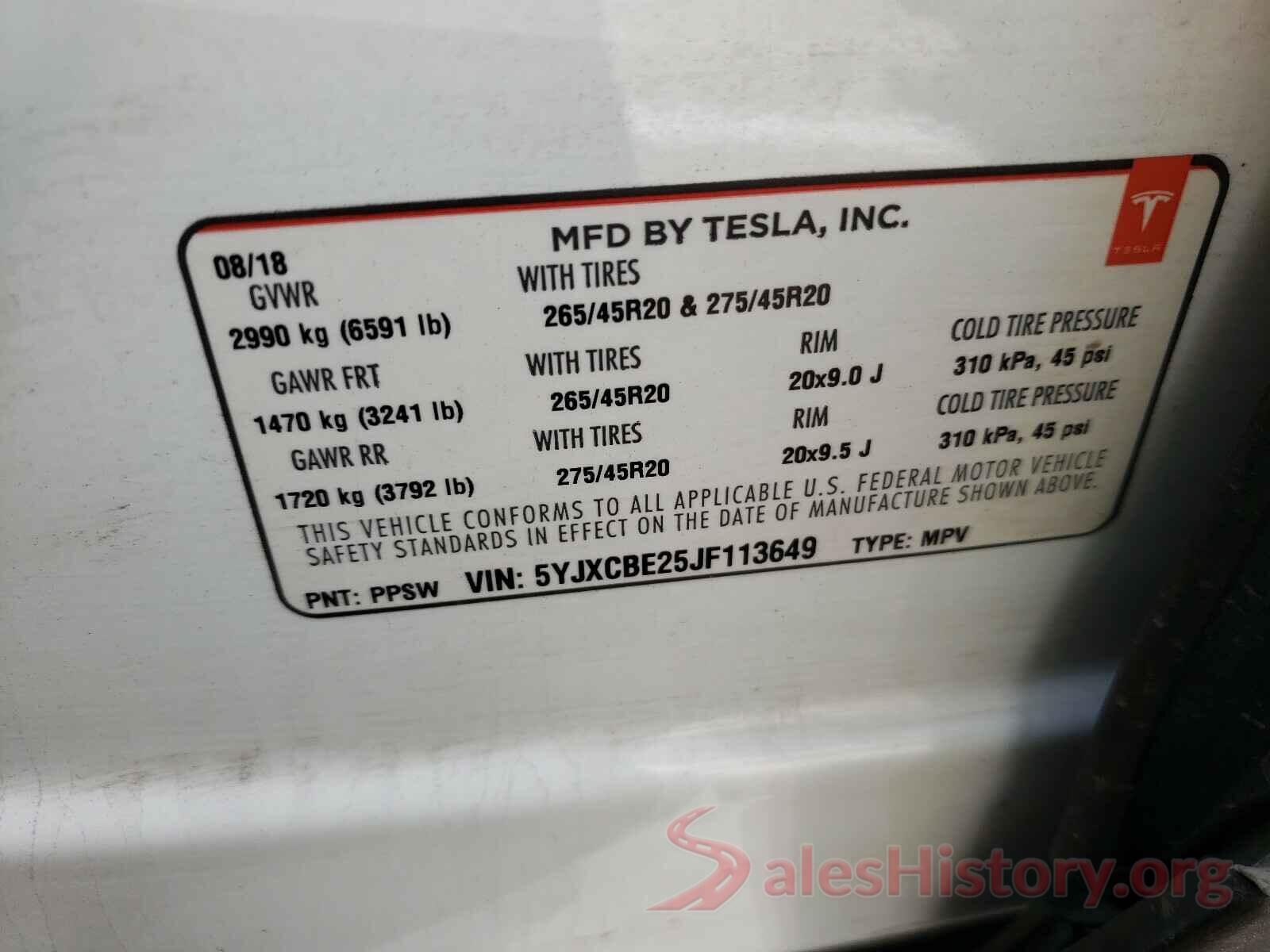 5YJXCBE25JF113649 2018 TESLA MODEL X