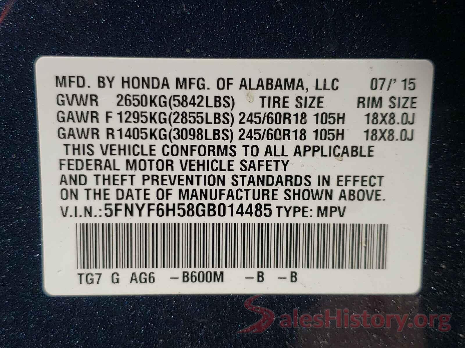 5FNYF6H58GB014485 2016 HONDA PILOT