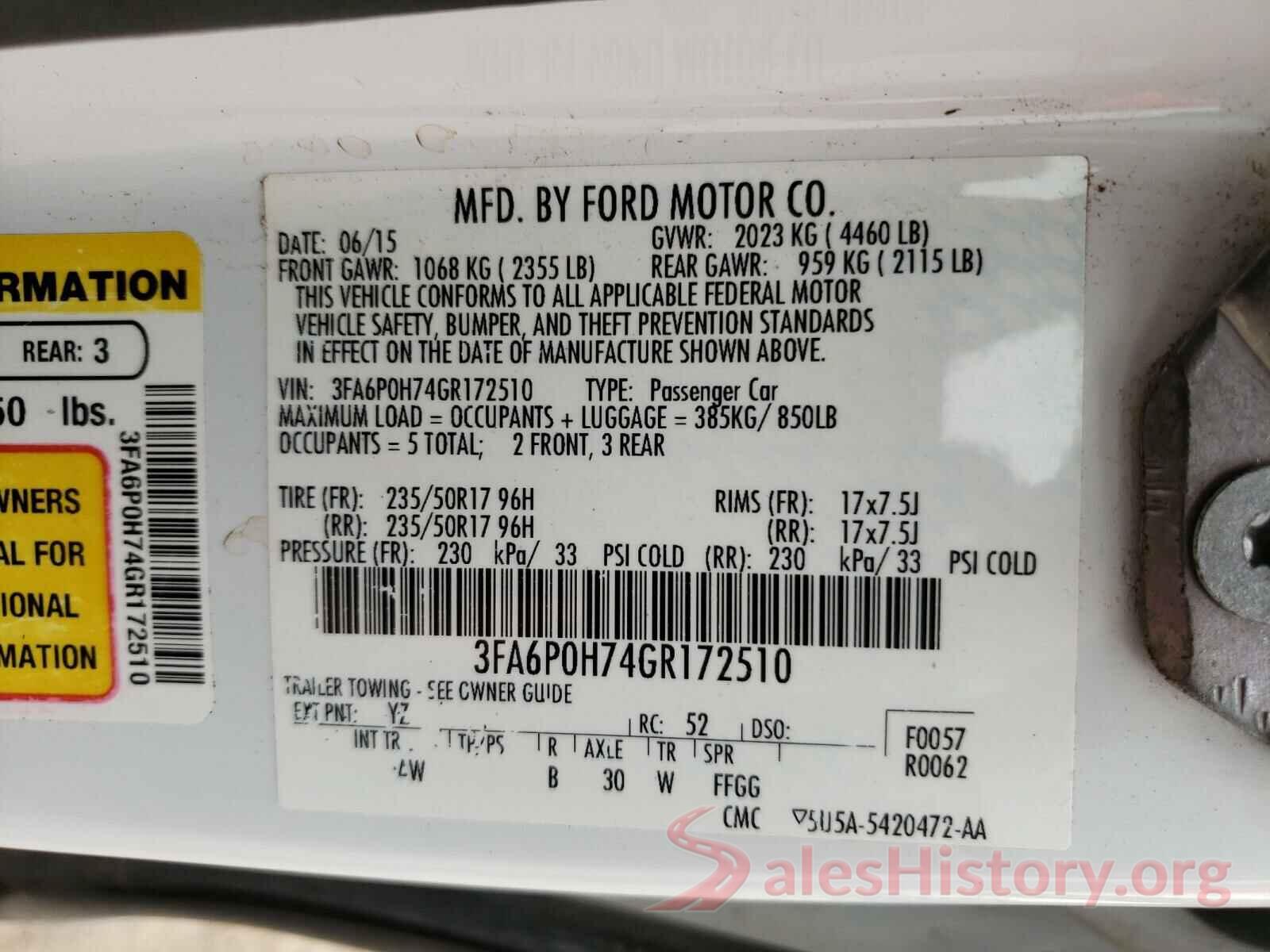 3FA6P0H74GR172510 2016 FORD FUSION