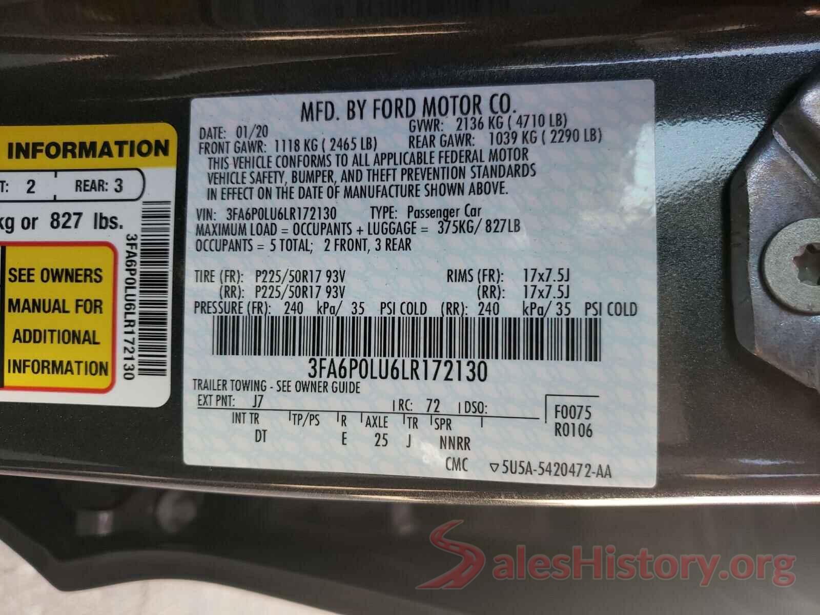 3FA6P0LU6LR172130 2020 FORD FUSION