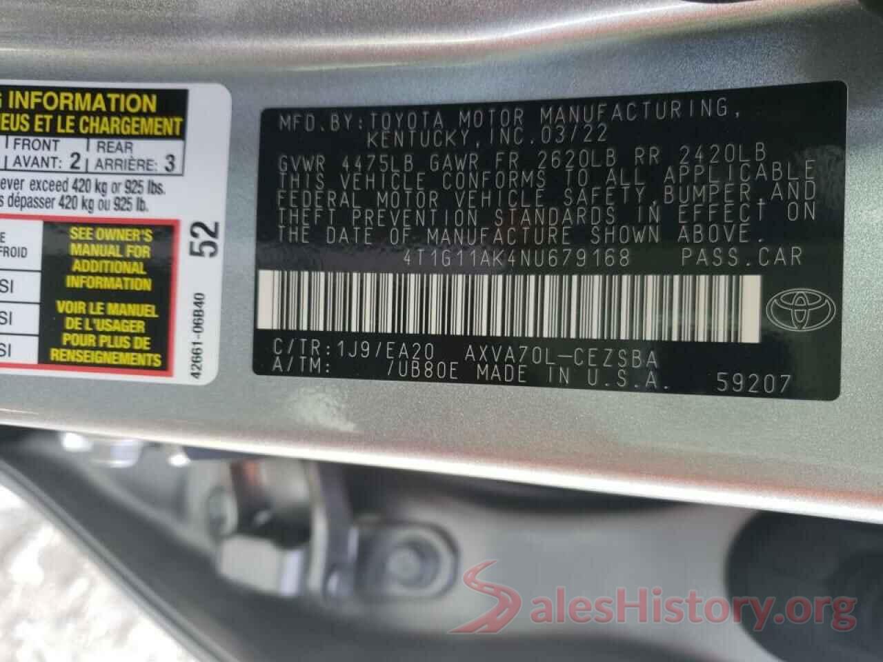 4T1G11AK4NU679168 2022 TOYOTA CAMRY