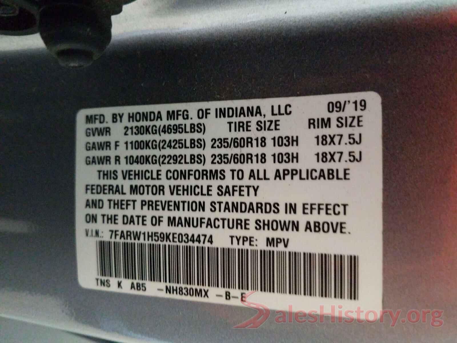 7FARW1H59KE034474 2019 HONDA CRV