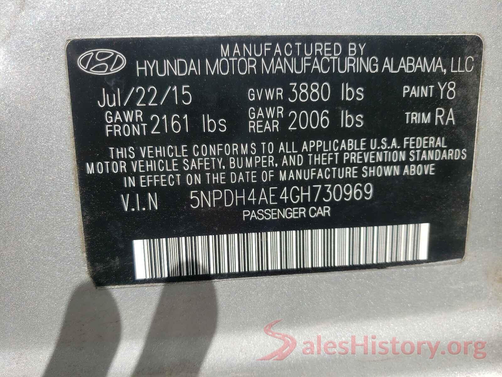 5NPDH4AE4GH730969 2016 HYUNDAI ELANTRA