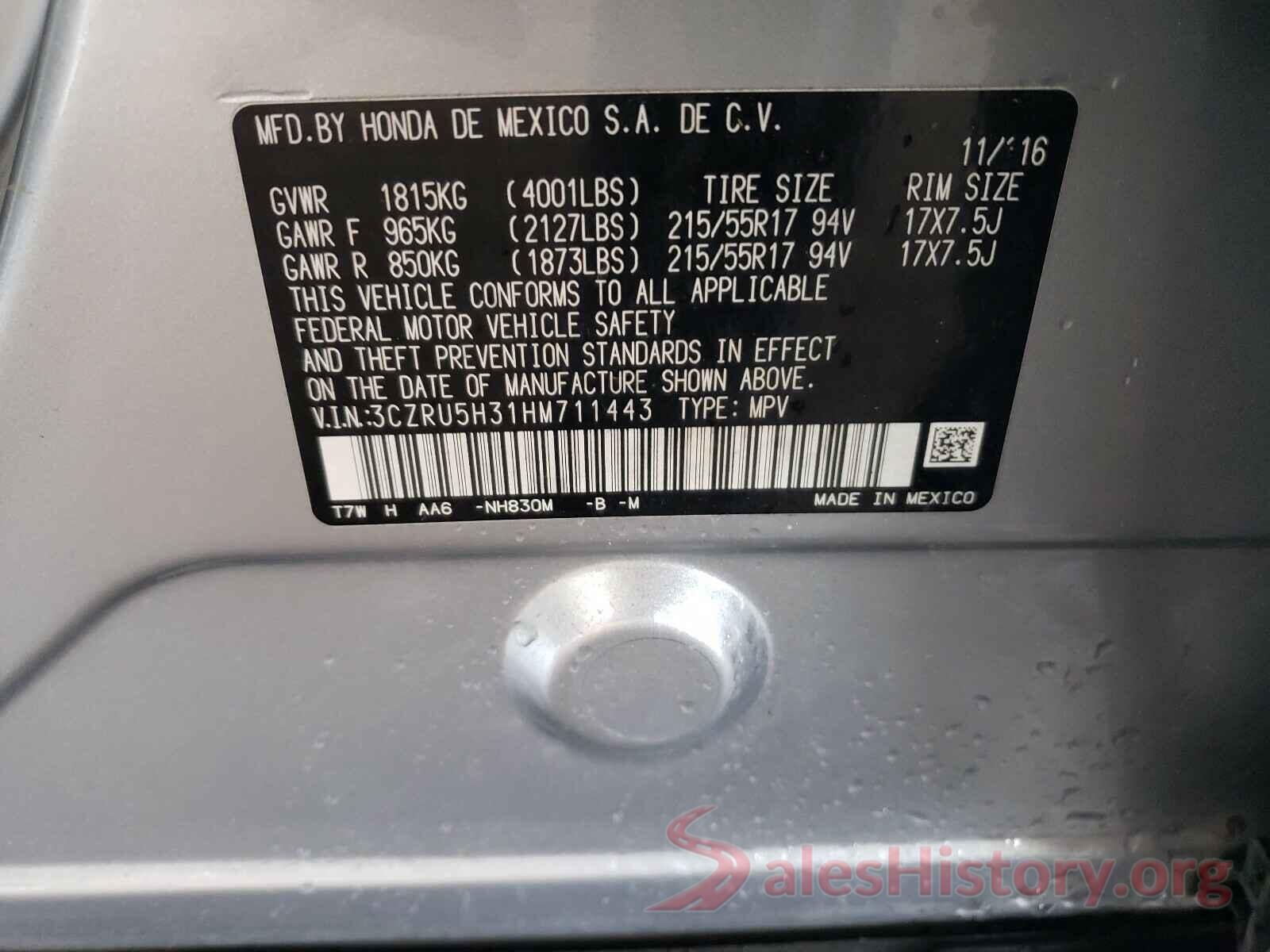 3CZRU5H31HM711443 2017 HONDA HR-V