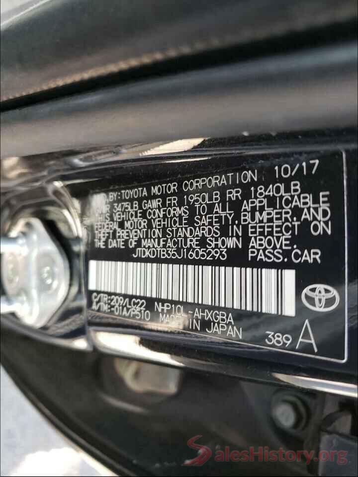 JTDKDTB35J1605293 2018 TOYOTA PRIUS