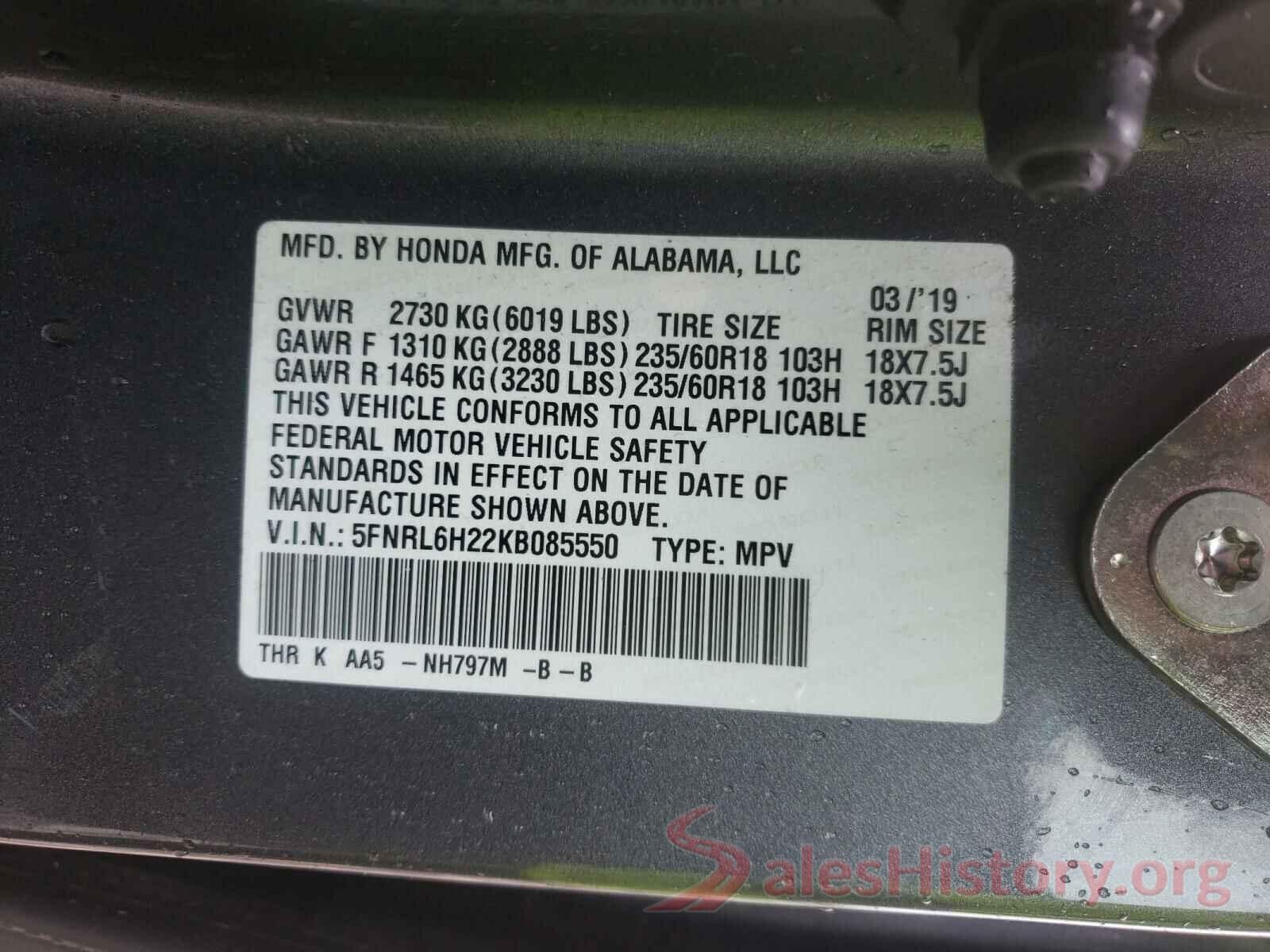 5FNRL6H22KB085550 2019 HONDA ODYSSEY