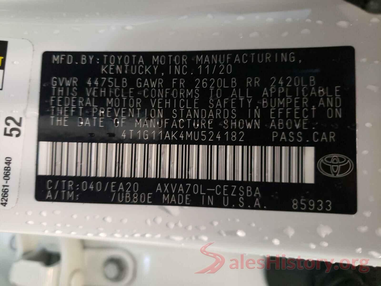 4T1G11AK4MU524182 2021 TOYOTA CAMRY