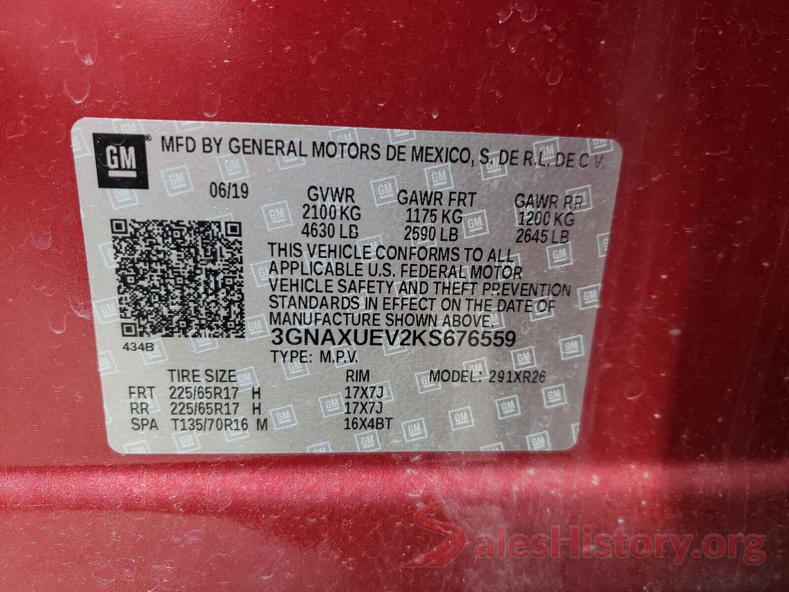 3GNAXUEV2KS676559 2019 CHEVROLET EQUINOX