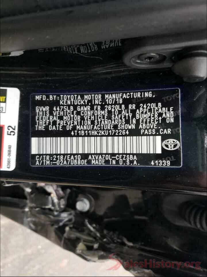 4T1B11HK2KU172264 2019 TOYOTA CAMRY