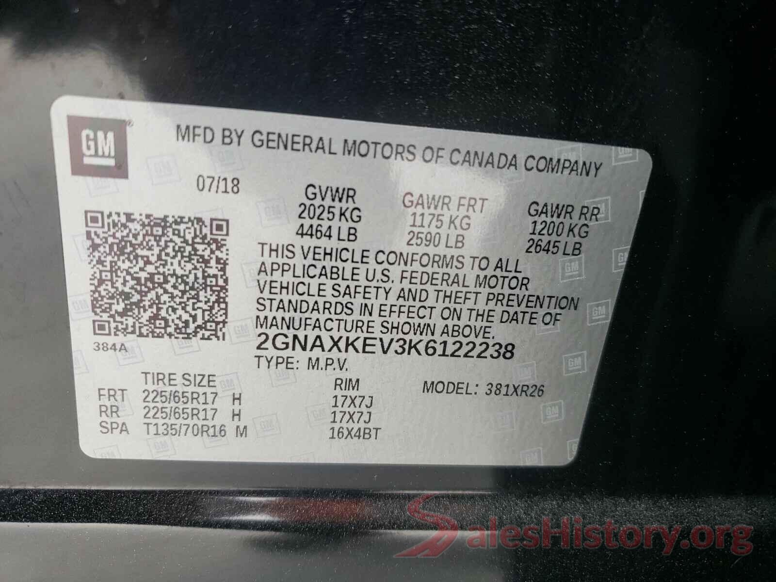 2GNAXKEV3K6122238 2019 CHEVROLET EQUINOX