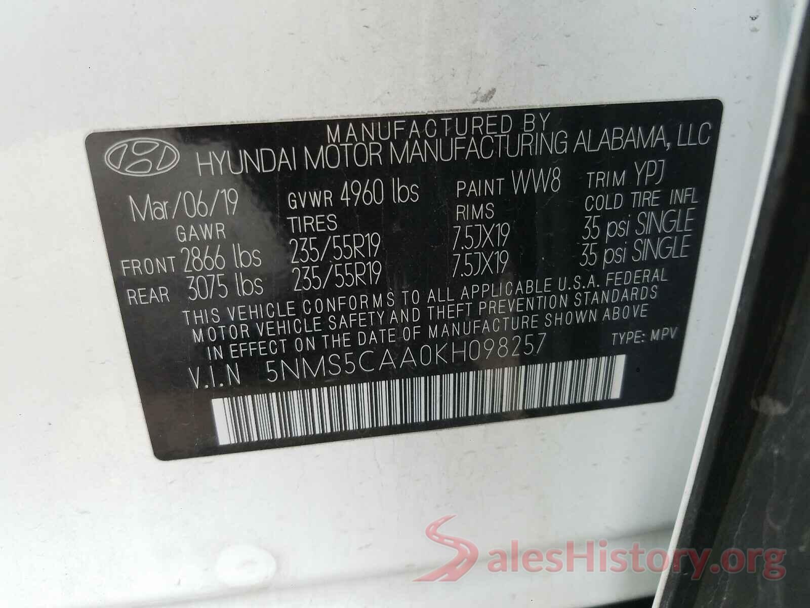 5NMS5CAA0KH098257 2019 HYUNDAI SANTA FE