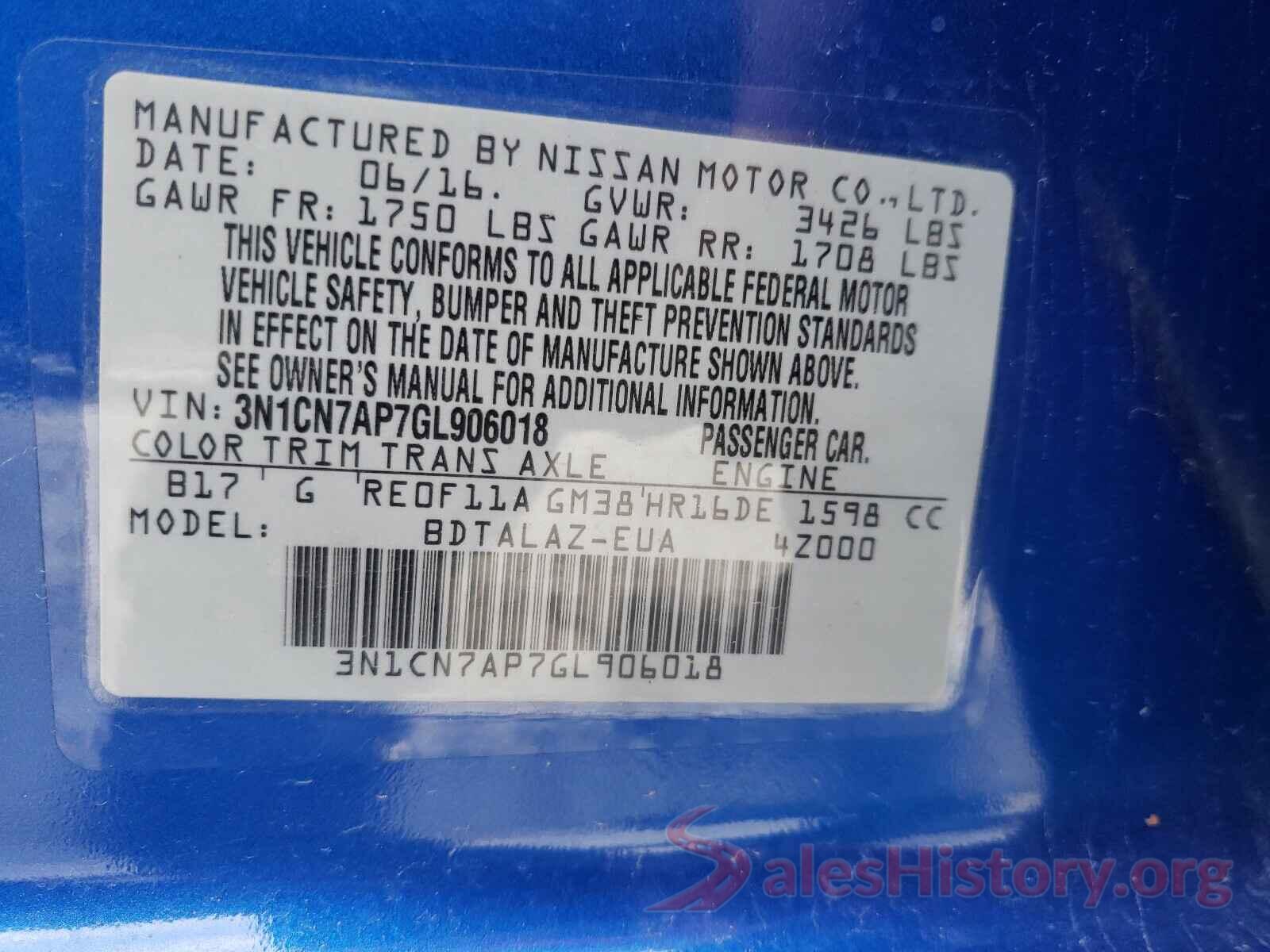 3N1CN7AP7GL906018 2016 NISSAN VERSA