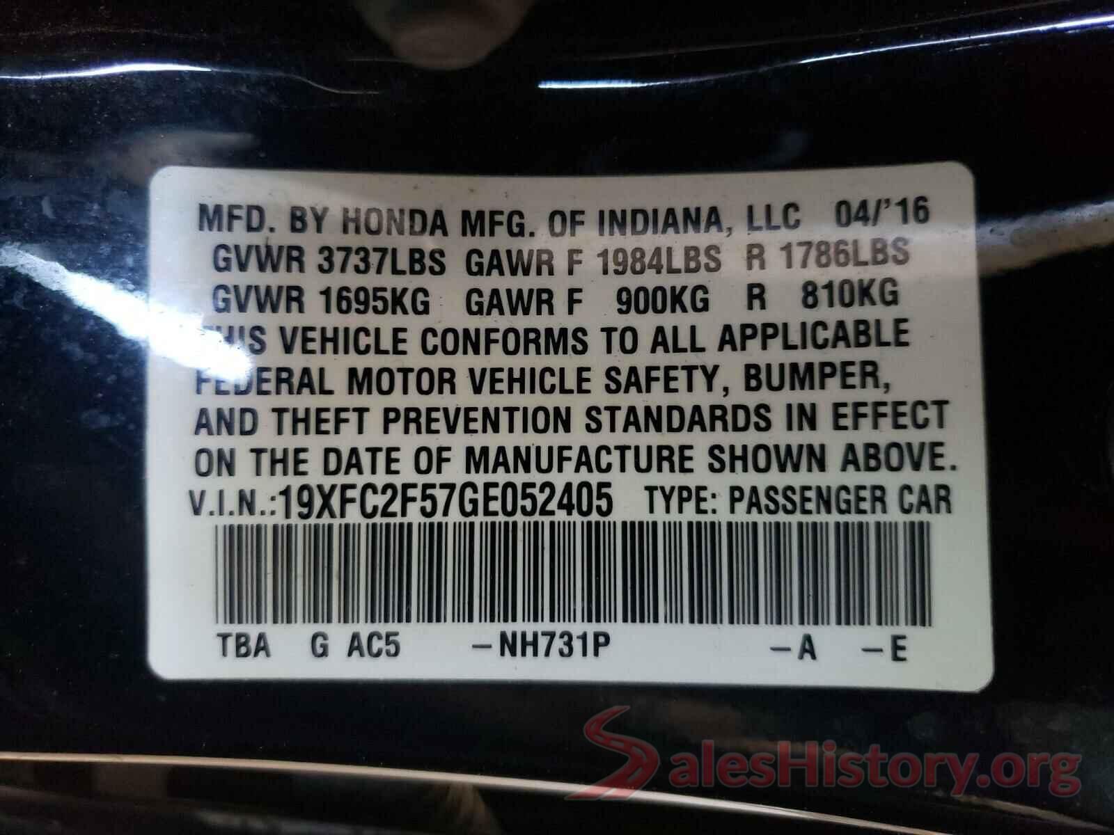 19XFC2F57GE052405 2016 HONDA CIVIC