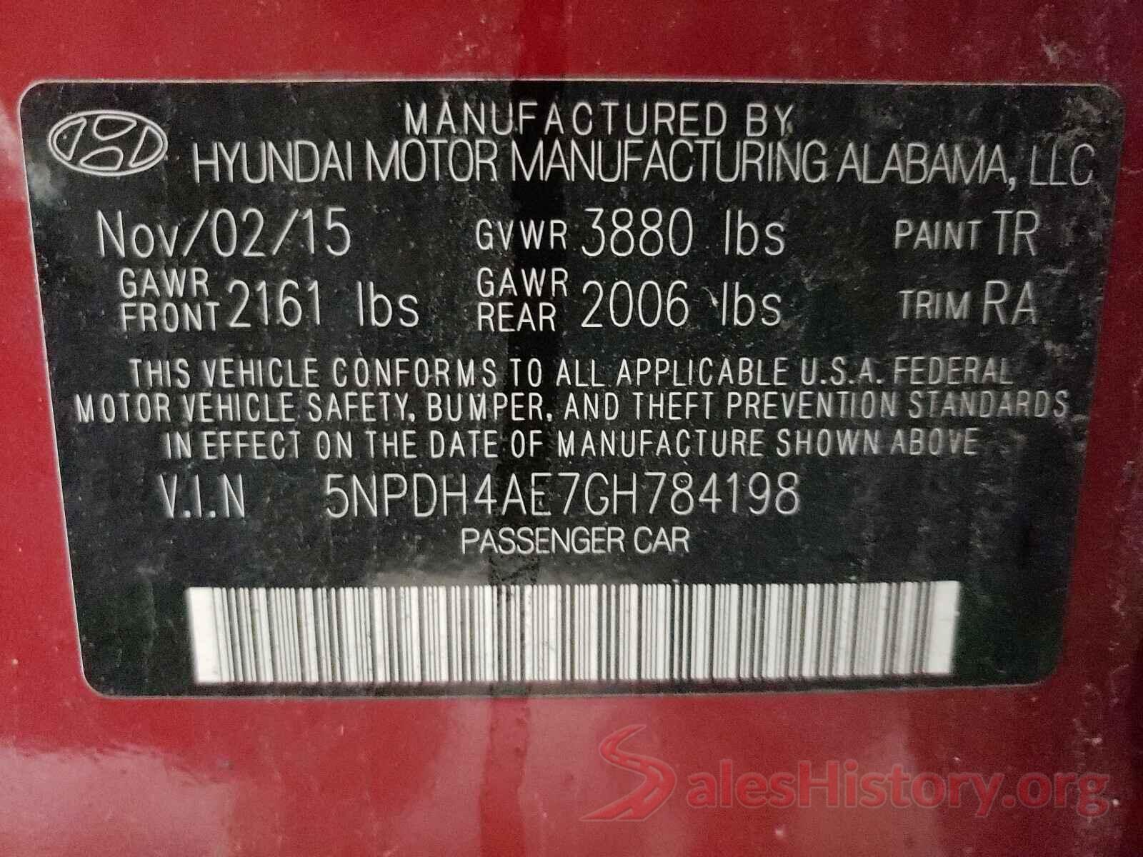 5NPDH4AE7GH784198 2016 HYUNDAI ELANTRA