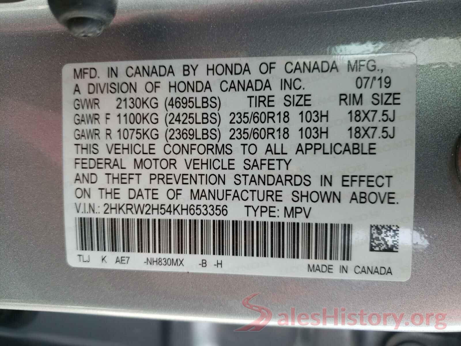 2HKRW2H54KH653356 2019 HONDA CRV