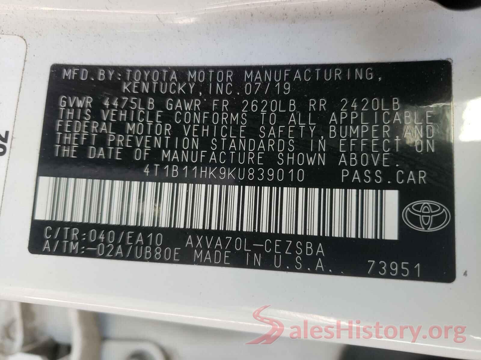 4T1B11HK9KU839010 2019 TOYOTA CAMRY