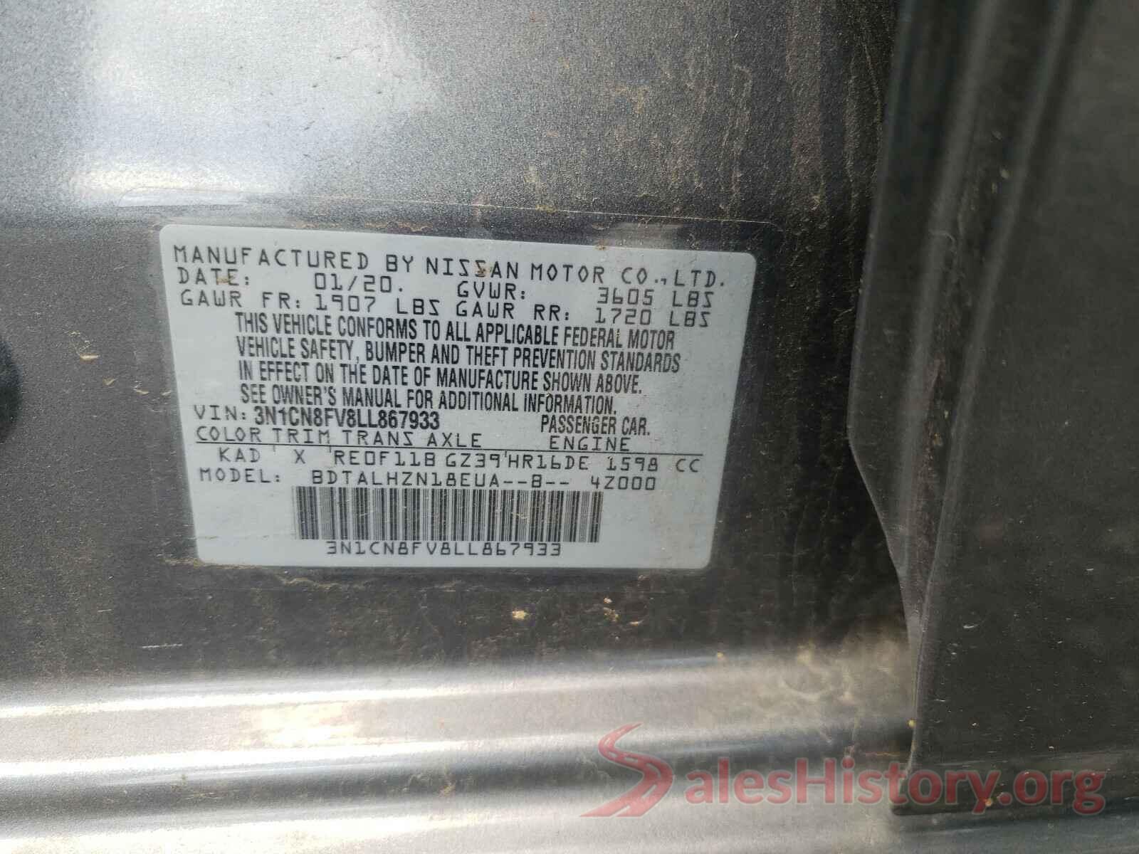 3N1CN8FV8LL867933 2020 NISSAN VERSA