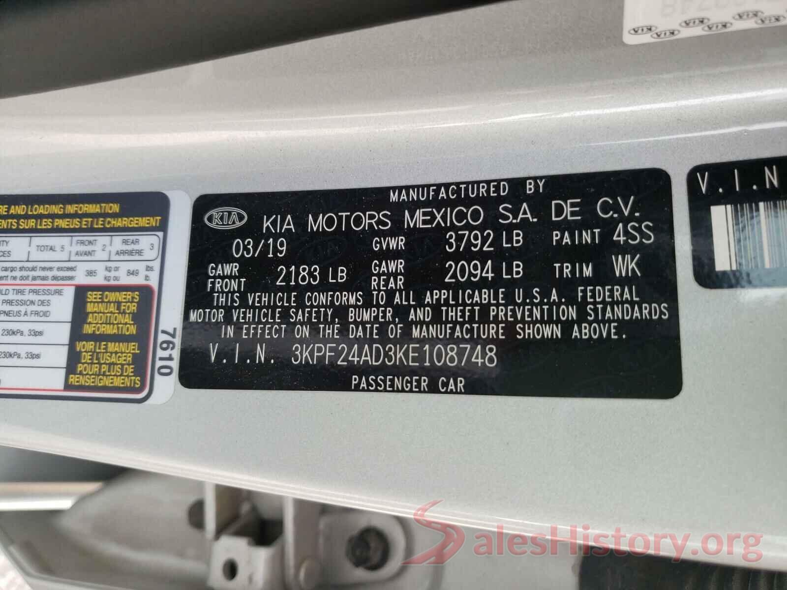 3KPF24AD3KE108748 2019 KIA FORTE