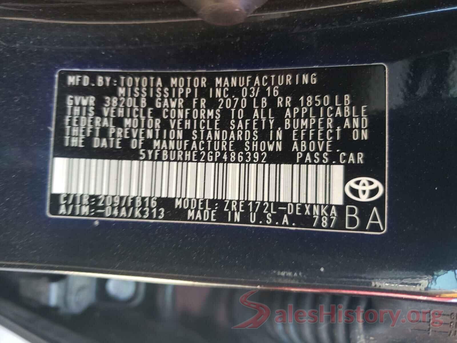 5YFBURHE2GP486392 2016 TOYOTA COROLLA