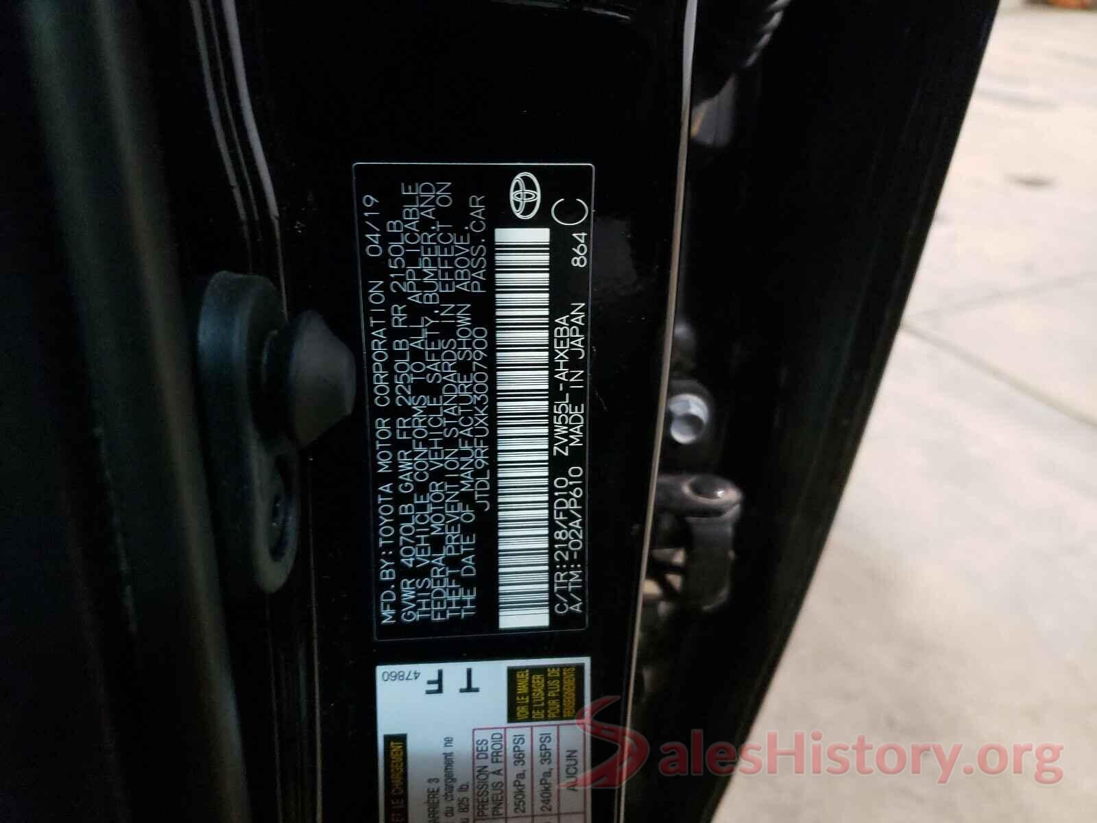 JTDL9RFUXK3007900 2019 TOYOTA PRIUS