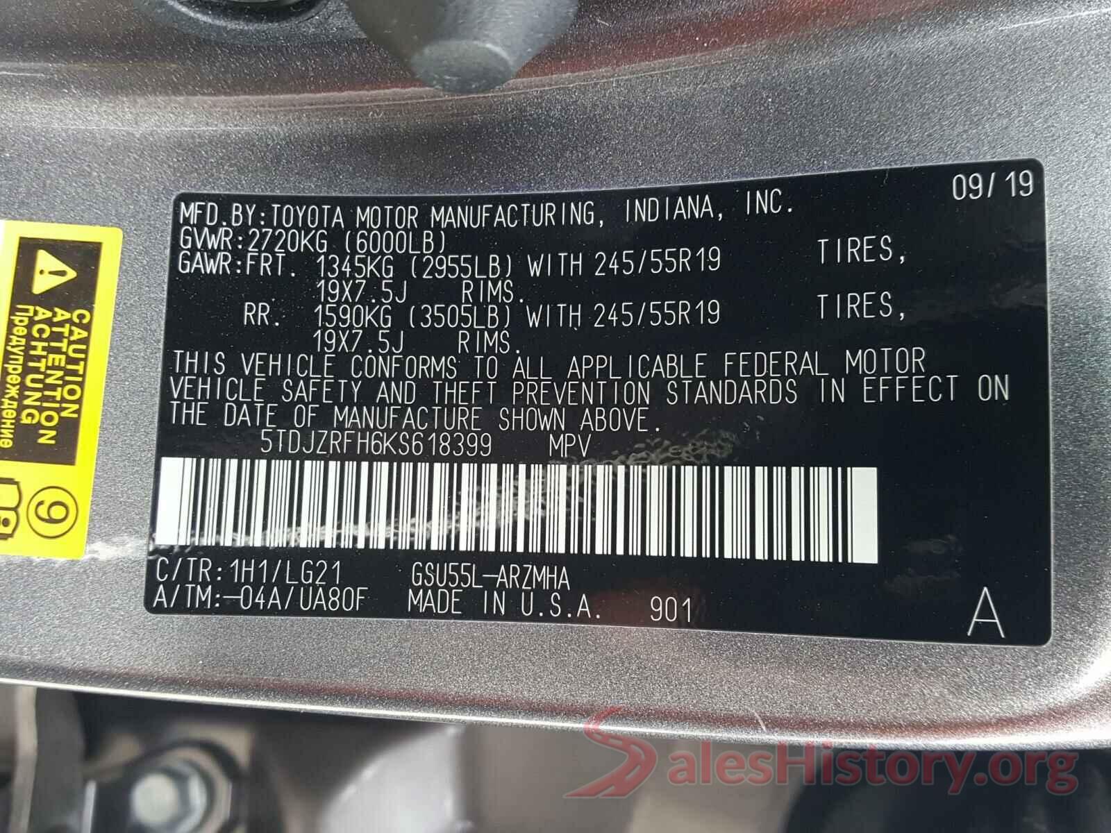 5TDJZRFH6KS618399 2019 TOYOTA HIGHLANDER