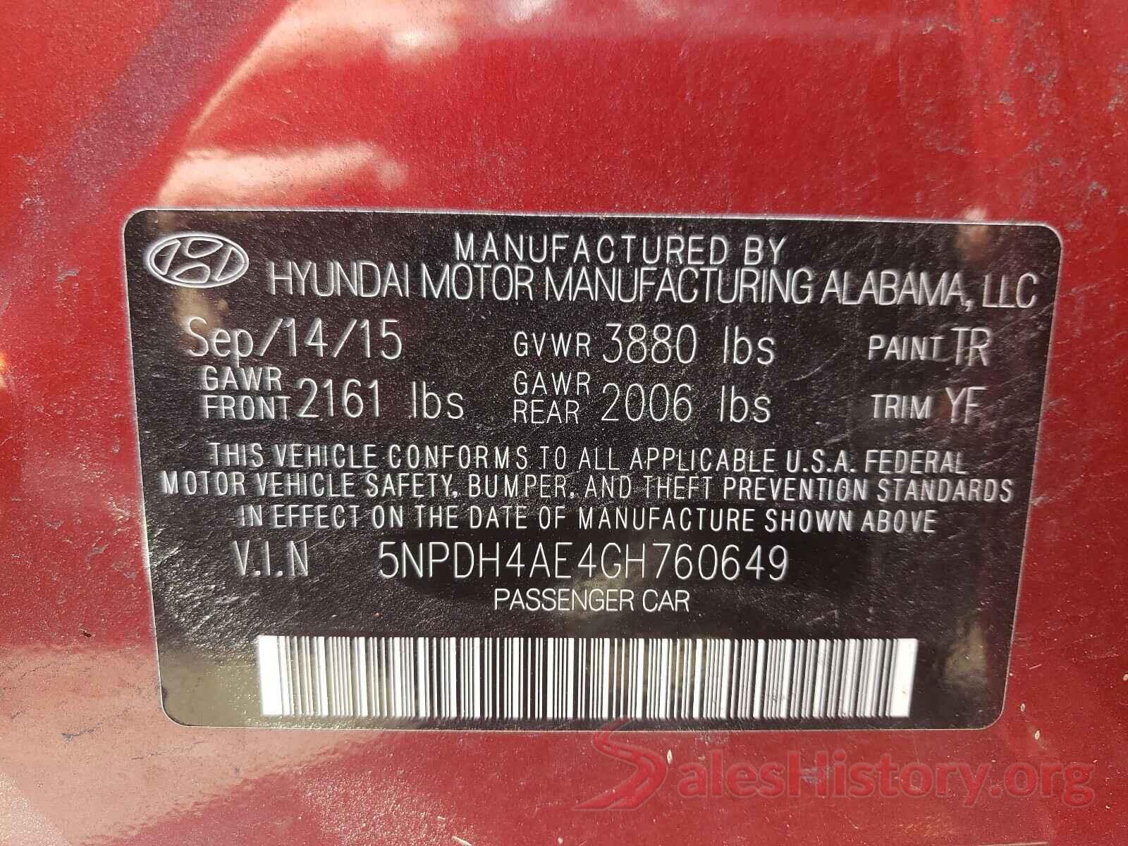 5NPDH4AE4GH760649 2016 HYUNDAI ELANTRA