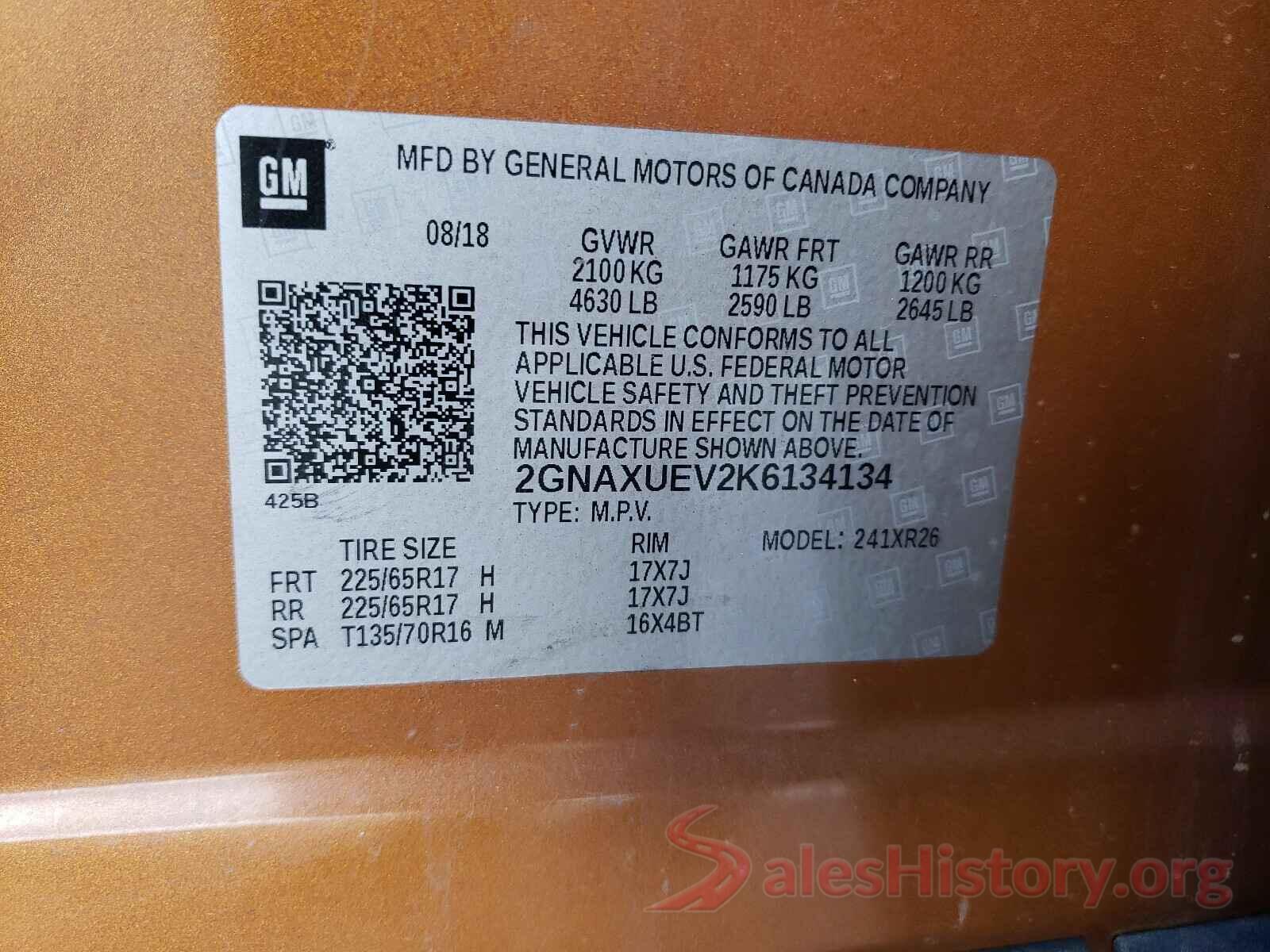 2GNAXUEV2K6134134 2019 CHEVROLET EQUINOX