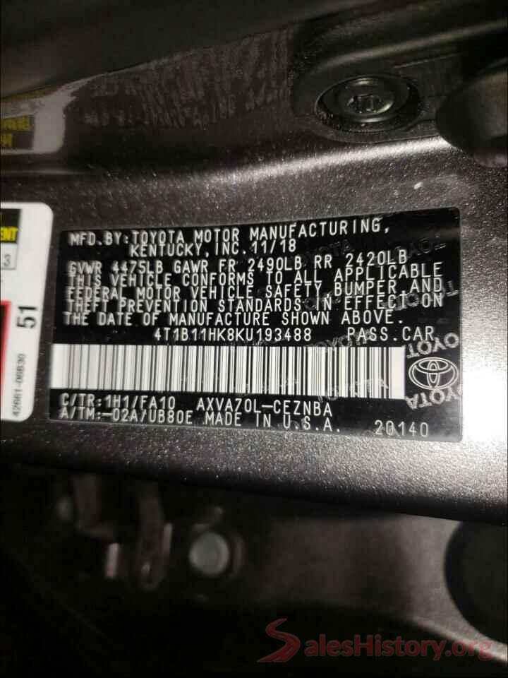 4T1B11HK8KU193488 2019 TOYOTA CAMRY