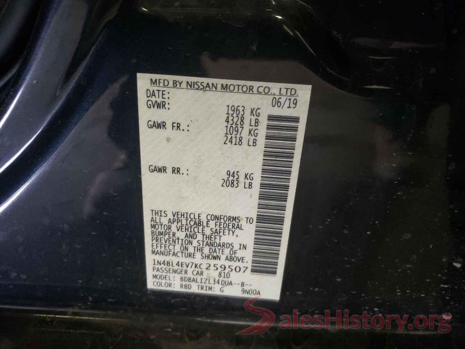 1N4BL4EV7KC259507 2019 NISSAN ALTIMA