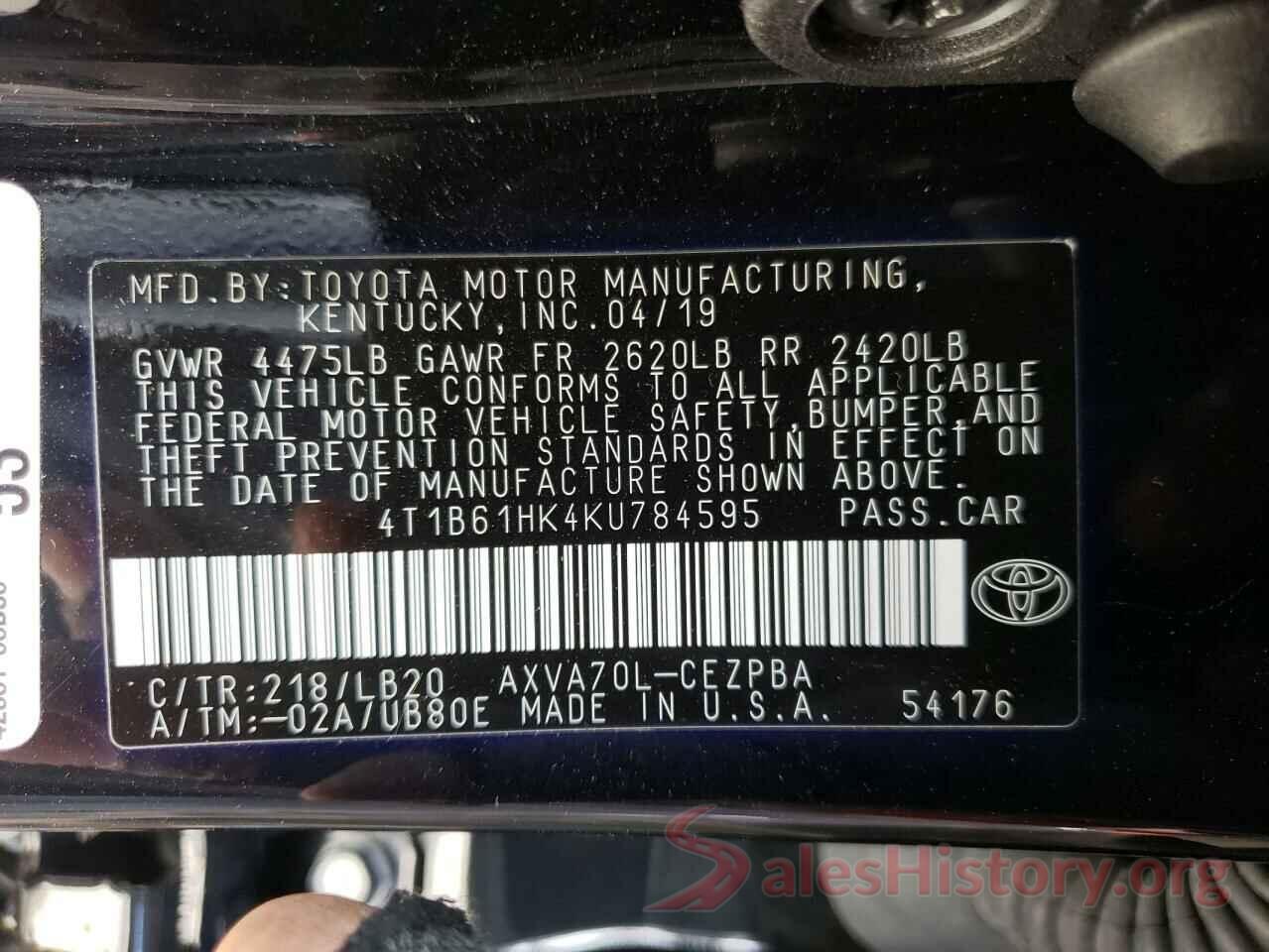 4T1B61HK4KU784595 2019 TOYOTA CAMRY