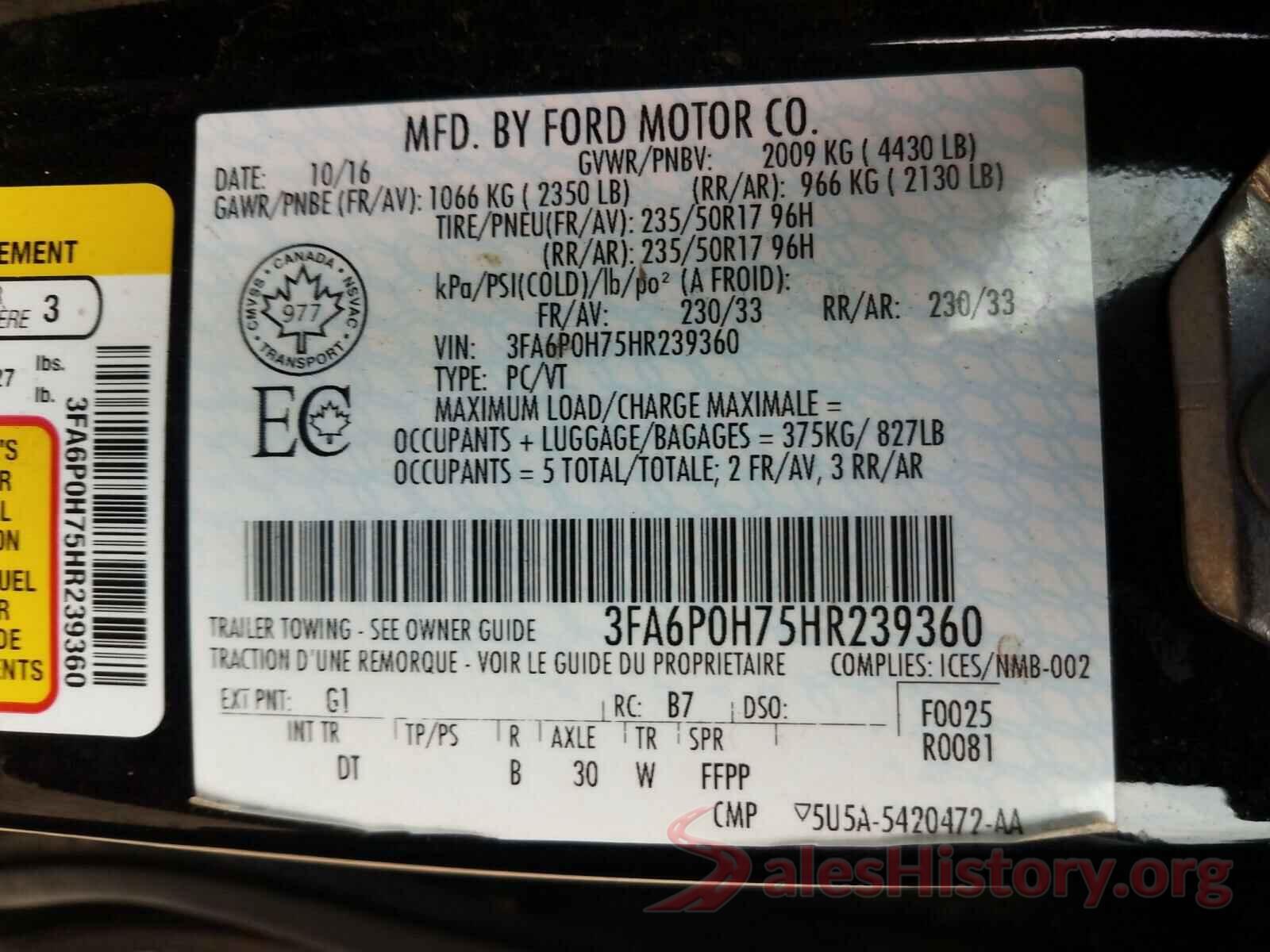 3FA6P0H75HR239360 2017 FORD FUSION