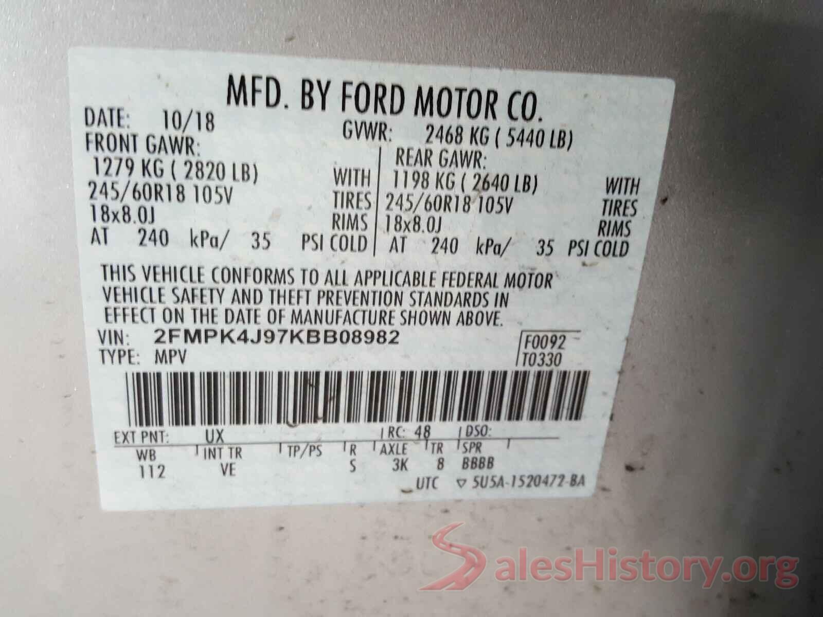 2FMPK4J97KBB08982 2019 FORD EDGE