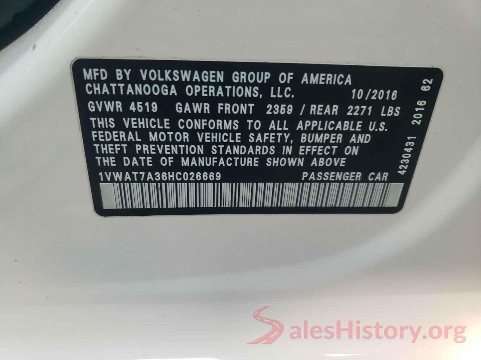 1VWAT7A36HC026669 2017 VOLKSWAGEN PASSAT