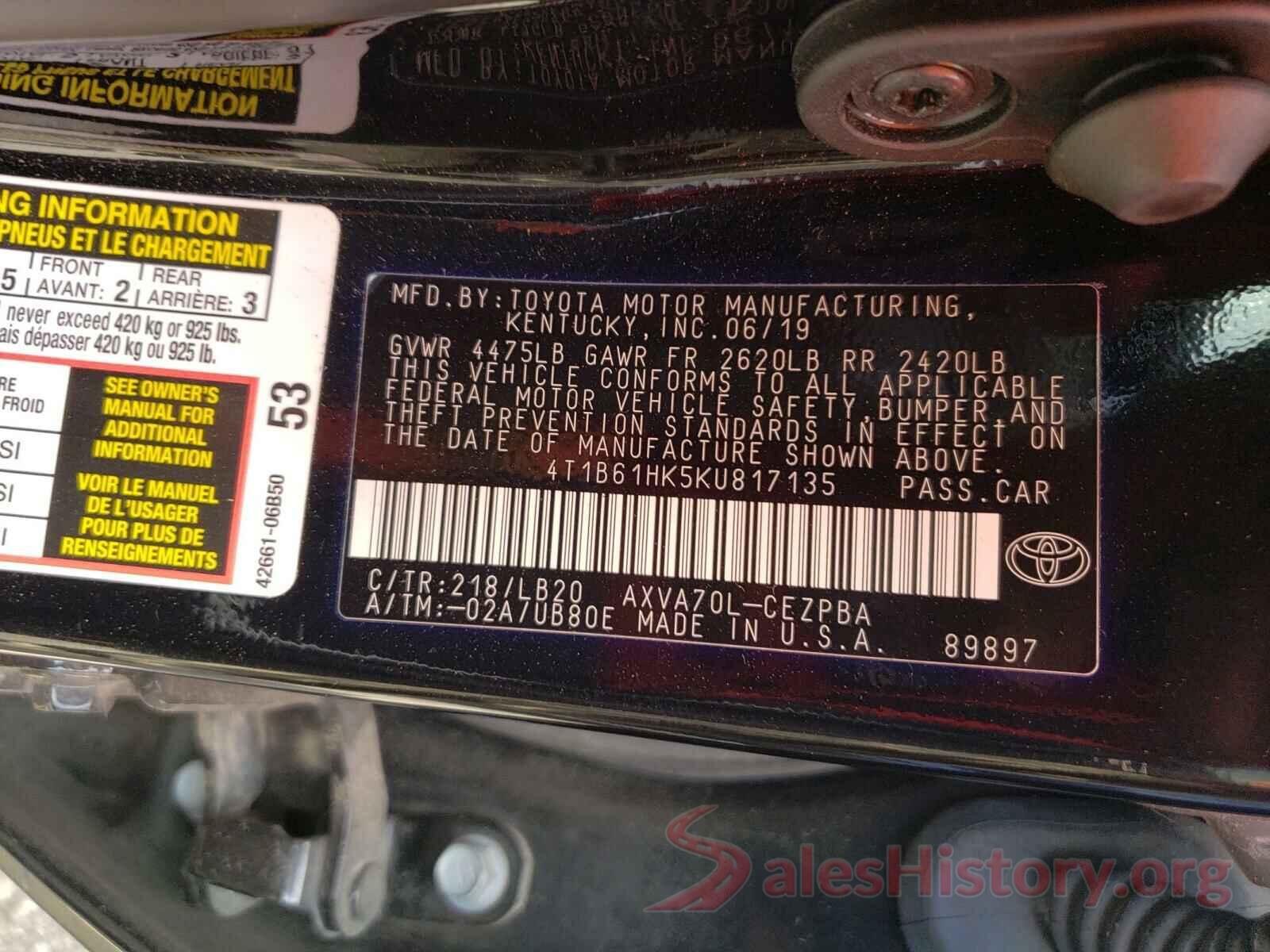 4T1B61HK5KU817135 2019 TOYOTA CAMRY