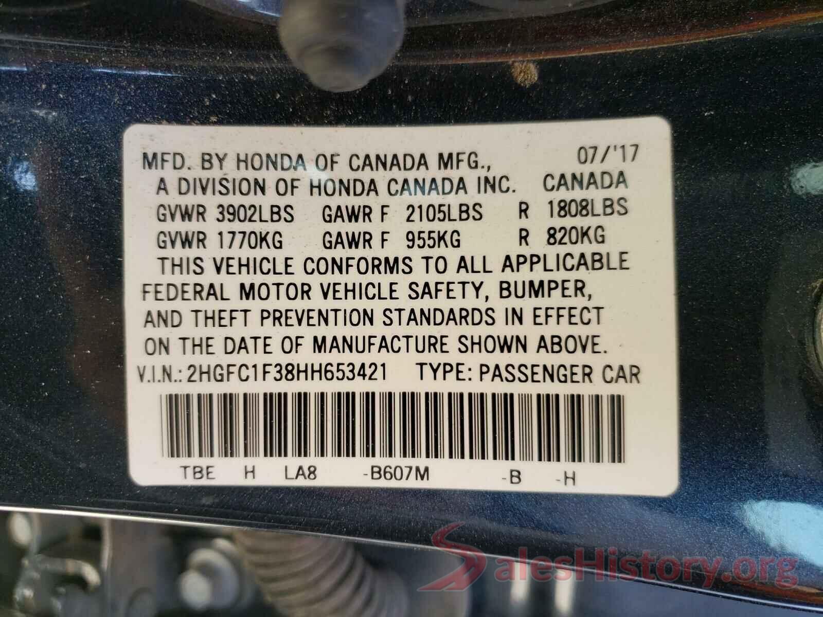 2HGFC1F38HH653421 2017 HONDA CIVIC