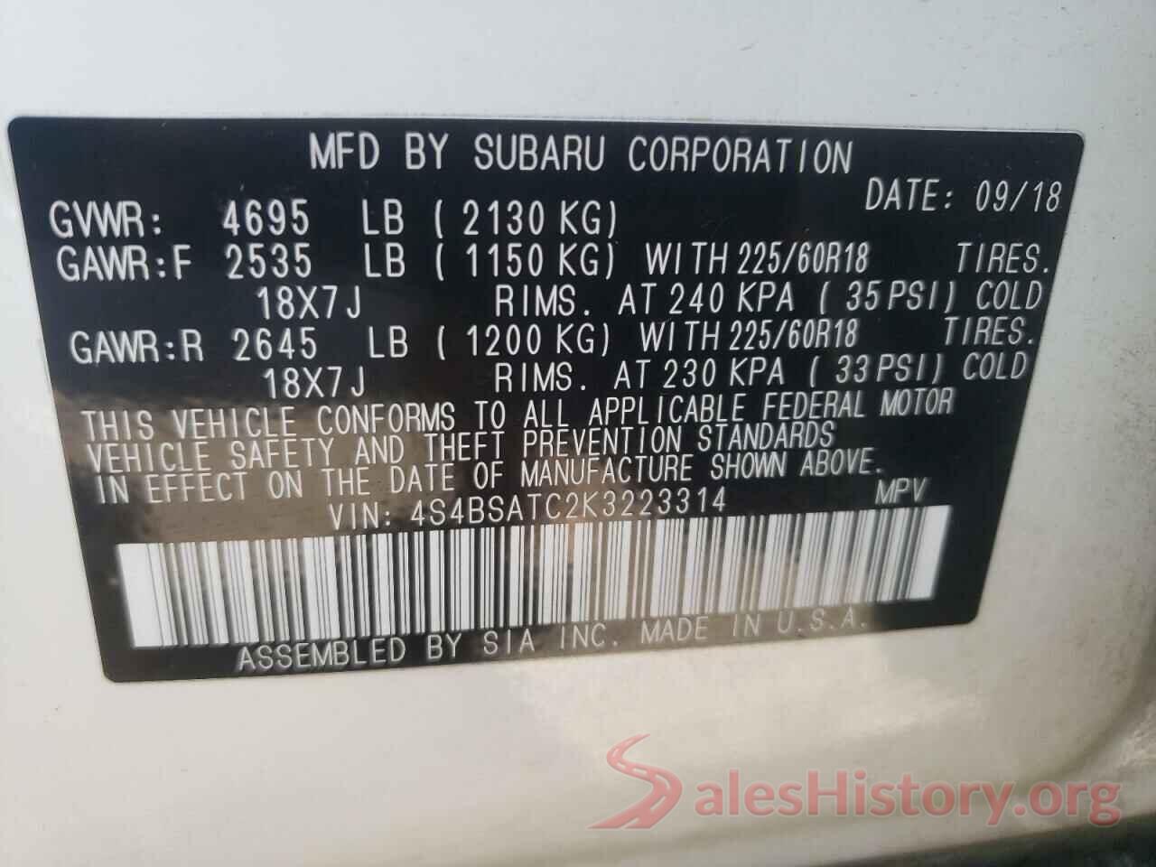 4S4BSATC2K3223314 2019 SUBARU OUTBACK