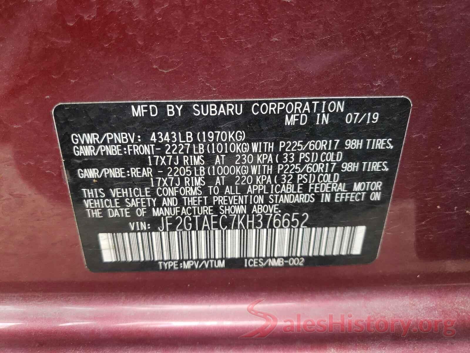 JF2GTAEC7KH376652 2019 SUBARU CROSSTREK