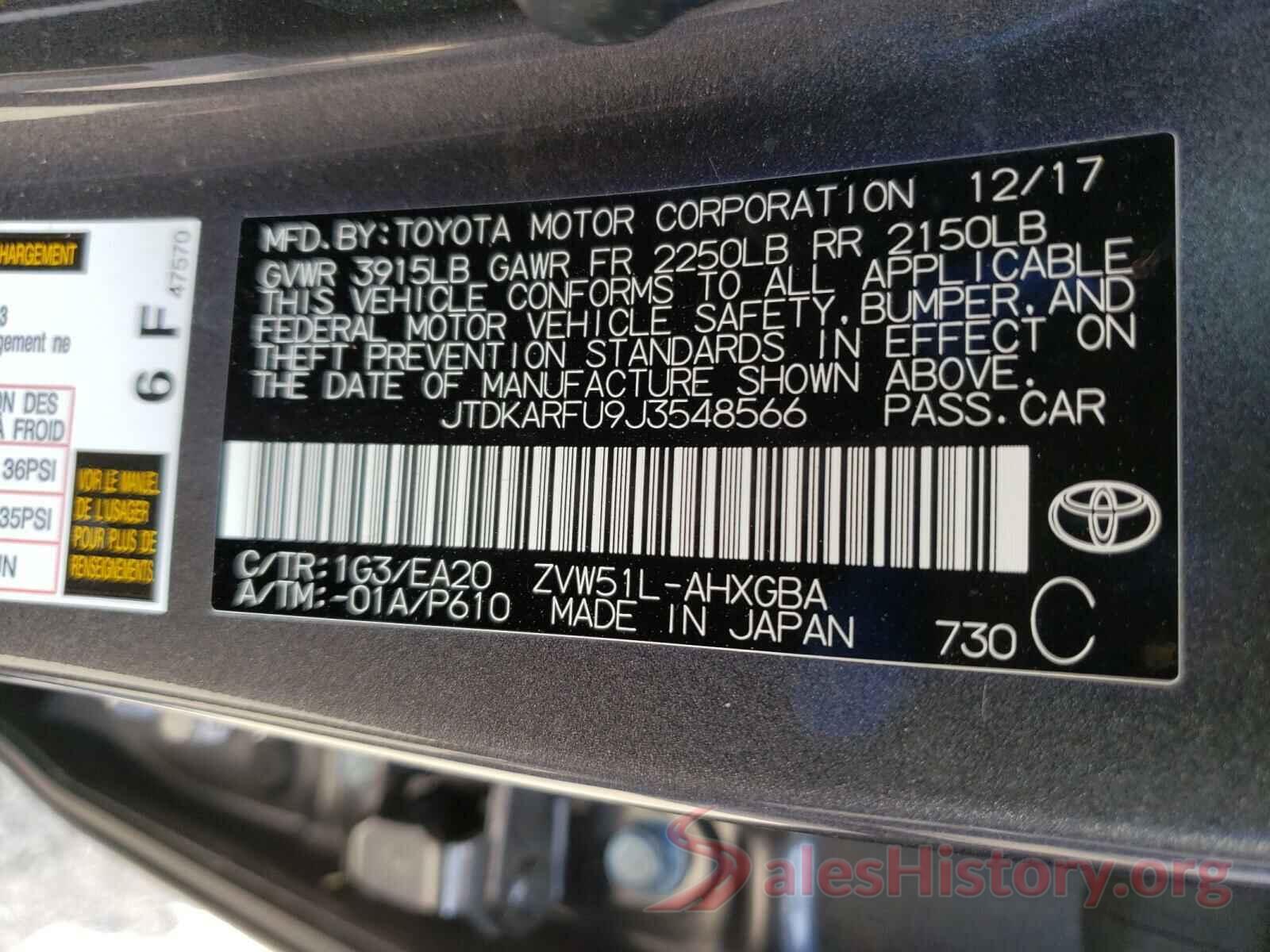 JTDKARFU9J3548566 2018 TOYOTA PRIUS