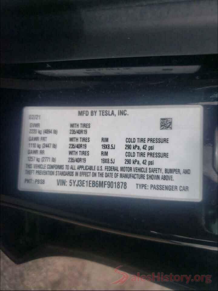 5YJ3E1EB6MF901878 2021 TESLA MODEL 3