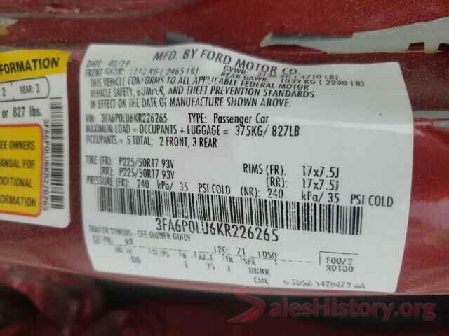 3FA6P0LU6KR226265 2019 FORD FUSION