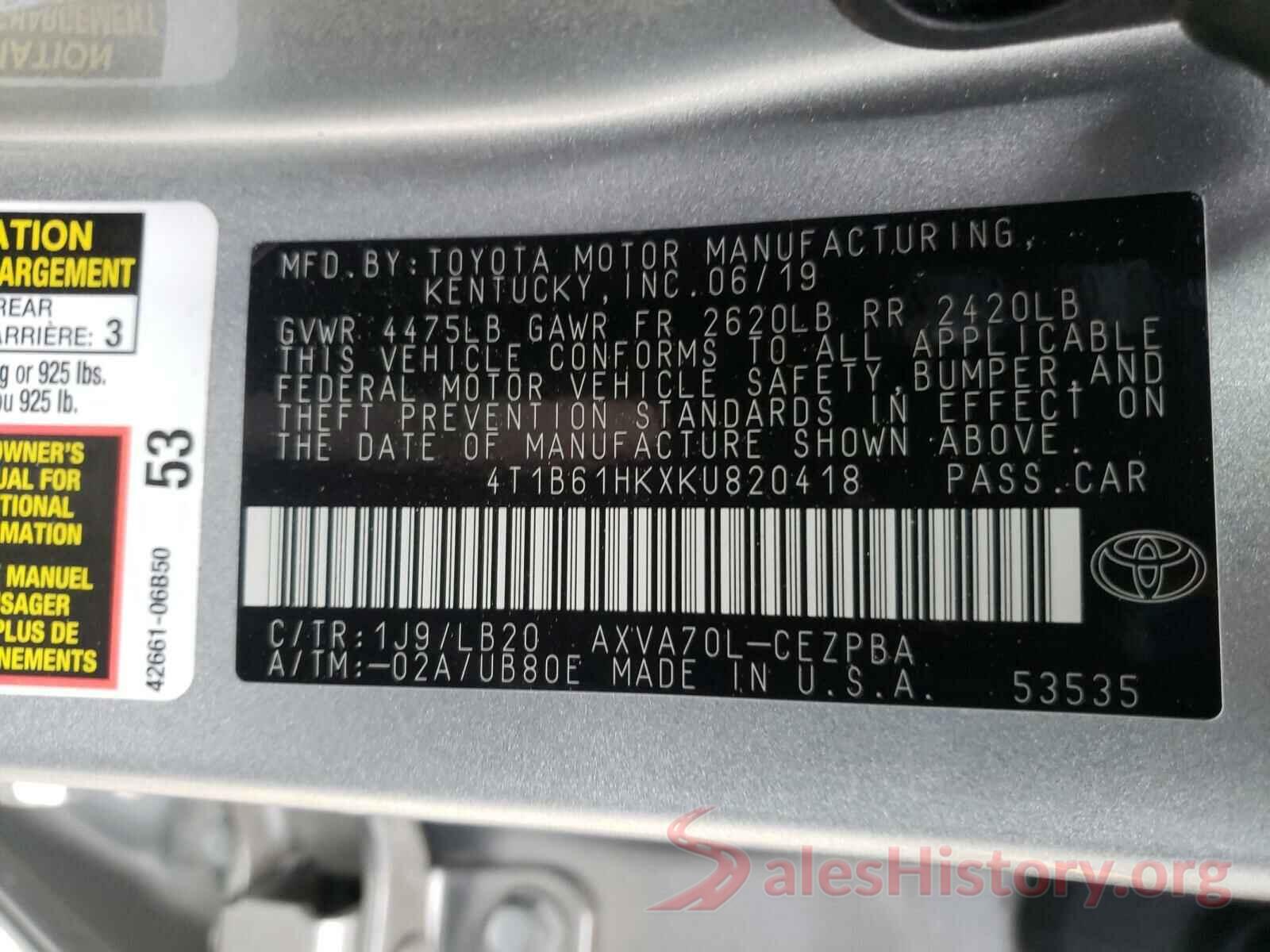 4T1B61HKXKU820418 2019 TOYOTA CAMRY