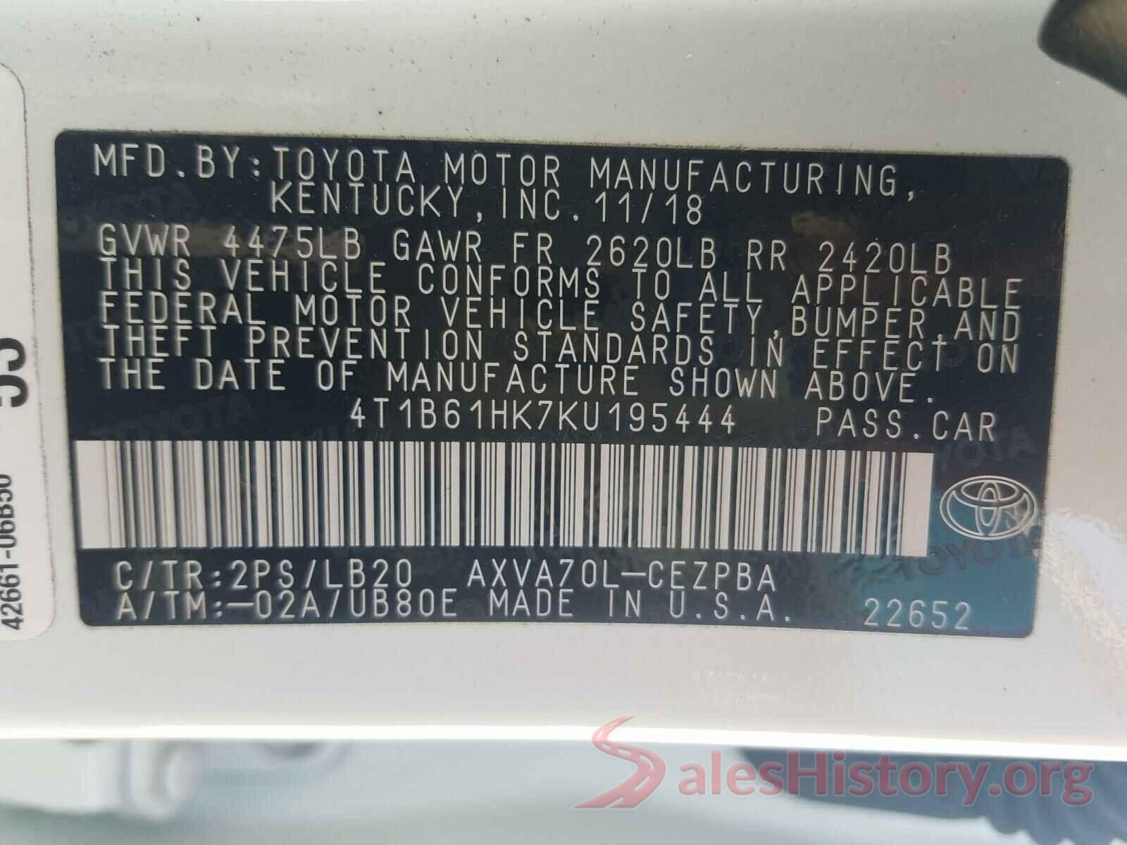 4T1B61HK7KU195444 2019 TOYOTA CAMRY