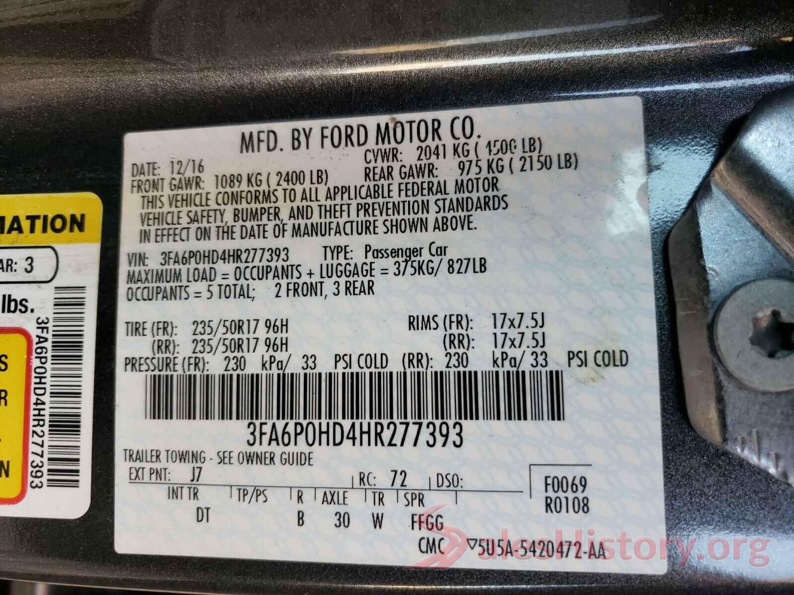 3FA6P0HD4HR277393 2017 FORD FUSION