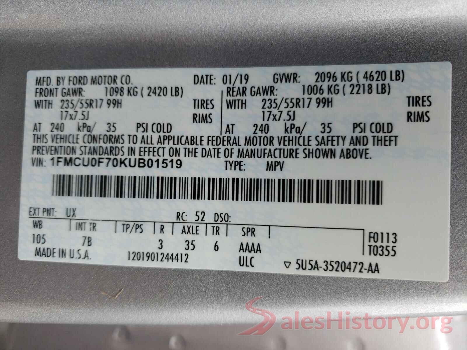 1FMCU0F70KUB01519 2019 FORD ESCAPE